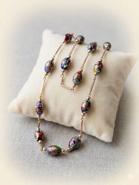 Vintage Millefiori & Copper Aventurine Art Glass Bar Link Necklace